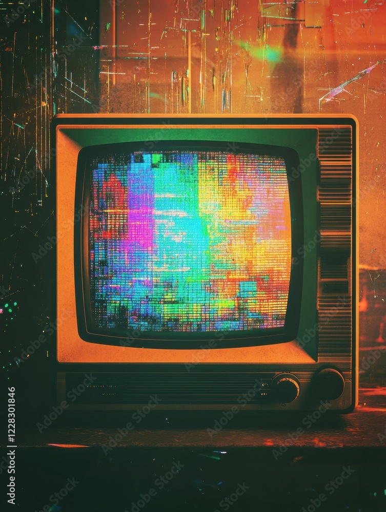 Fototapete Static noise and colorful glitch patterns on a retro television screen in a dimly lit room creates a nostalgic atmosphere. Generative AI