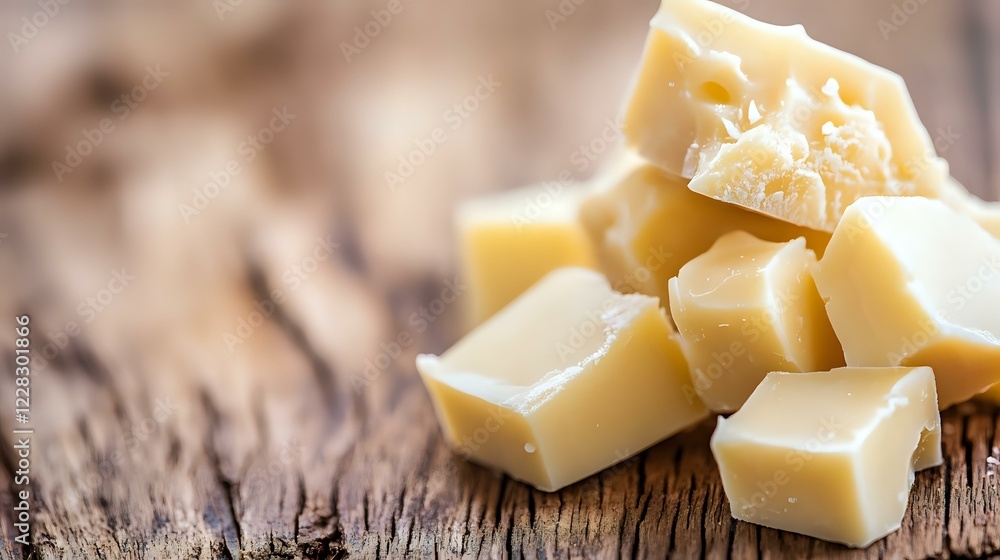 Poster fresh white chocolate chunks on rustic wooden background with shallow depth of field, close up view 