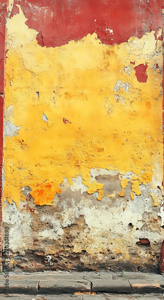 Aufkleber old weathered wall with peeling yellow and red paint showing exposed concrete beneath, creating natu