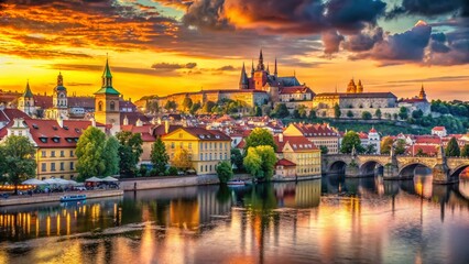Fototapeta premium Panoramic View of Prague, Czech Republic: Charming Cityscape at Golden Hour