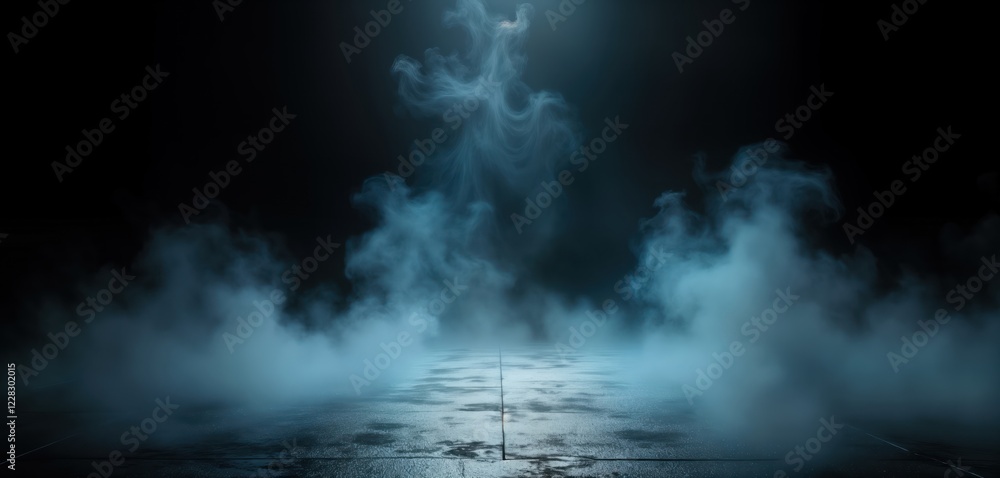 Aufkleber mystical fog swirls on dark floor. light creates ethereal effect. abstract design. intense mist on d