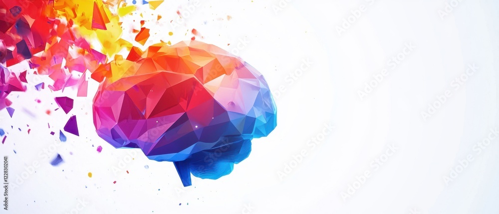 Poster abstract human brain made of colorful low-poly shapes on a white background with copy space for an a