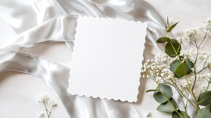 Elegant blank card on satin fabric with delicate flowers and greenery for creative mockup or invitation design