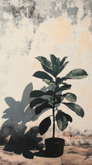Potted Plant Casting Shadow on Weathered Wall