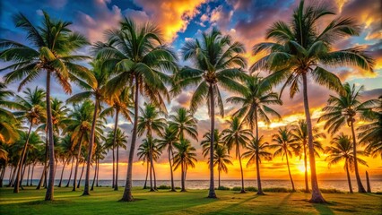 Panoramic View of Repeating Palm Tree Pattern on Tropical Beach