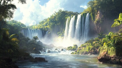 Fototapeta premium Lush jungle waterfall, sunlit river, vibrant greenery, scenic background, travel poster