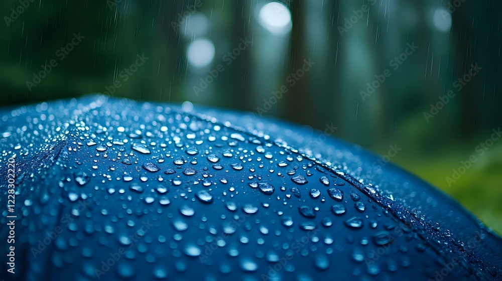 Aufkleber water drops on blue umbrella surface during rain with soft bokeh background creating tranquil rainy 