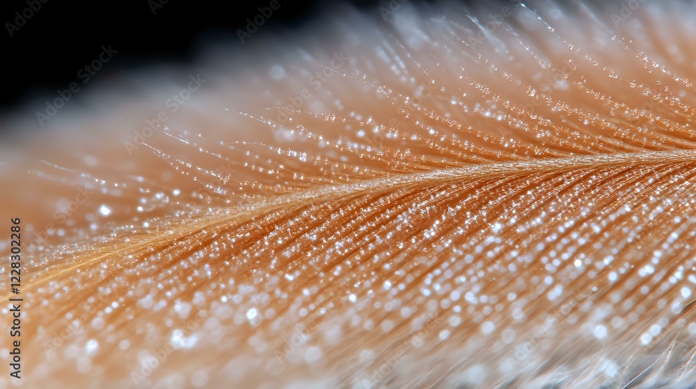 Poster delicate peach-colored feather with water droplets creating sparkles and bokeh effect against dark b