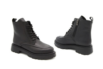 Fashionable leather lace-up boots with heels isolated on white background. View from all sides.	