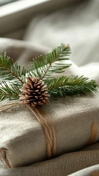 Elegant gift wrapping with natural pine cones and rustic textures in cozy setting