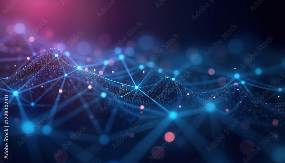 Fototapete abstract tech background with glowing blue, purple network lines. interconnected nodes, dots form wa