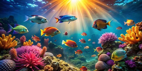 Panoramic View of Six Colorful Fish Swimming in a Vibrant Coral Reef
