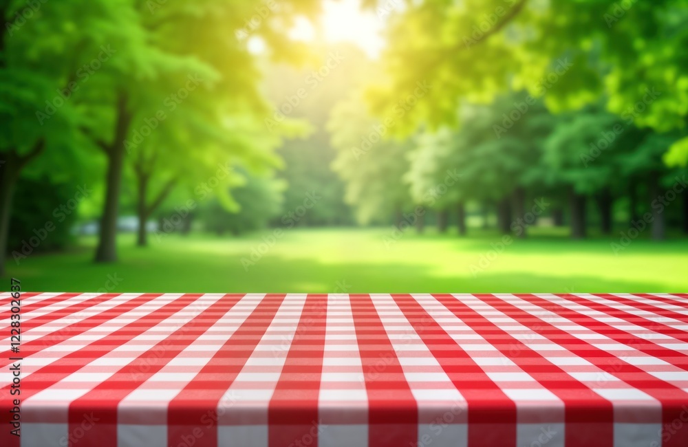Aufkleber empty red, white checkered tablecloth on wooden table. blurred background of rich green park with tr