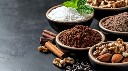 Baking ingredients in ceramic bowls - cocoa powder, flour, nuts, and spices on dark background with copy space. Food preparation concept.