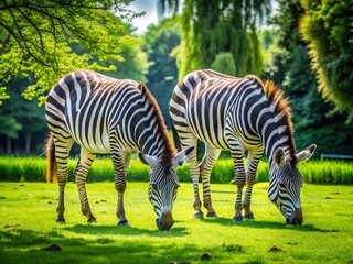 Obraz premium Panoramic View of Two Resting Zebras Grazing in a Zoo Enclosure
