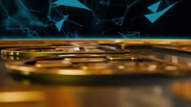 Animation with close-up bitcoin cryptocurrency and digital blockchain background