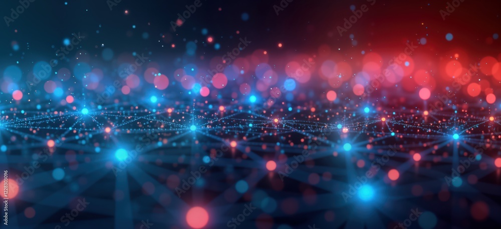 Poster abstract digital network visualization shows glowing nodes, connections. blue, red lights depict dat