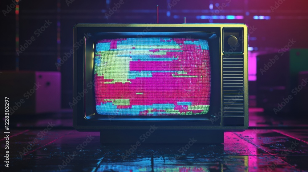 Poster retro television screen displays colorful glitch patterns and static noise in a nostalgia filled set