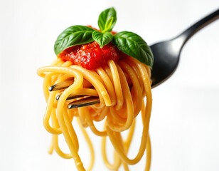 Delicious spaghetti strands coated in rich tomato sauce, garnished with fresh basil leaves. Pasta perfectly cooked, held on fork. Culinary presentation shows flavor, texture of dish. Food image could