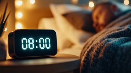 Digital alarm clock displaying 8,00 am, resting on wooden nightstand near sleeping person in warmly lit bedroom with soft ambiance