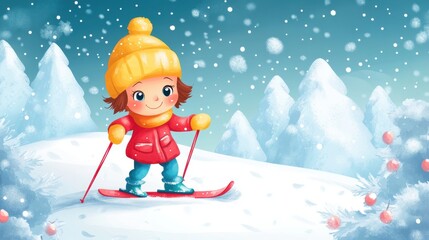 Portrait of skier in snow field in winter season. Cartoon.