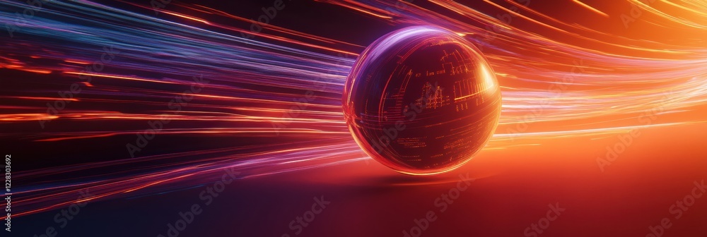 Fototapete globe with glowing contour lines spinning in a vibrant light display reflecting energy and motion. g