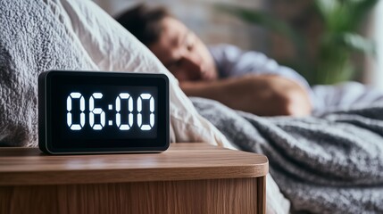 Digital alarm clock displaying 6,00 am sitting on wooden nightstand, blurred sleeping person resting nearby, signaling morning awakening