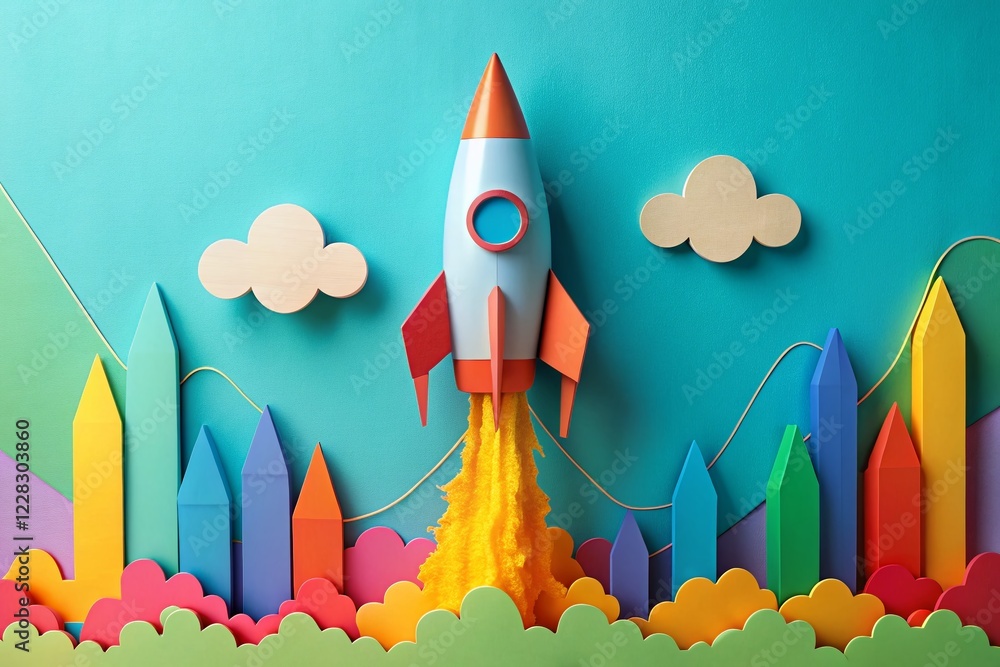 Aufkleber paper art rocket launch with graph - generative ai stock photo
