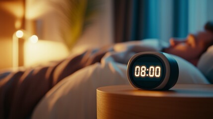 Digital alarm clock displaying 8,00 am resting on wooden nightstand beside sleeping individual under cozy blankets, soft morning light filtering through window