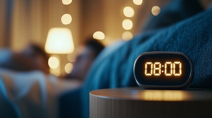 Digital alarm clock showing 8 am on bedside table in a blurred bedroom with warm light and bokeh effect, suggesting a peaceful morning wake up
