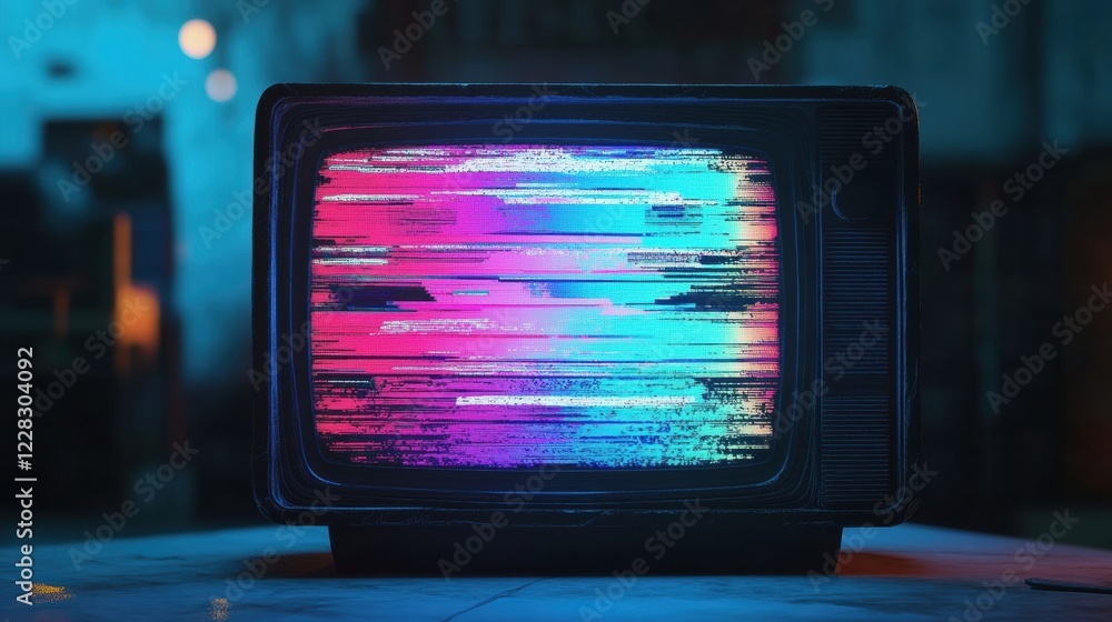Poster retro television screen displaying vivid static noise and colorful glitch patterns in a dimly lit sp