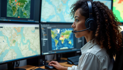 African American woman works in emergency services call center. Wears headset, speaks into microphone. Multiple computer screens show tracking maps. Monitors emergency calls, coordinates response.