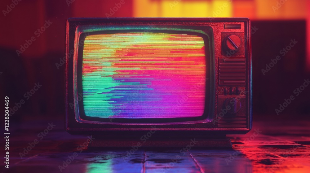 Poster Retro television screen displaying static noise and colorful glitch patterns in a nostalgic setting. Generative AI