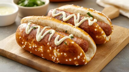 Buffalo-style hot dog sausage in a pretzel bun with ranch drizzle