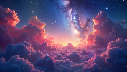 Colorful ethereal space galaxy nebula view in starry night sky. Sunrise sunset light bathes fluffy clouds. Vast universe astral scene. Fantasy illustration for wallpaper banner. Abstract space