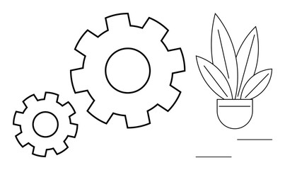 Two interconnected gears next to a potted plant with leaves. Ideal for technology, growth, balance, harmony, sustainability, innovation, process improvement concepts. Abstract line flat metaphor