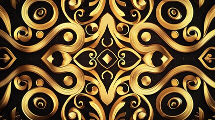 Vintage art deco gift certificate pattern, geometric gold borders on black background, elegant swirls and diamond shapes, seamless luxury design, high contrast metallic details