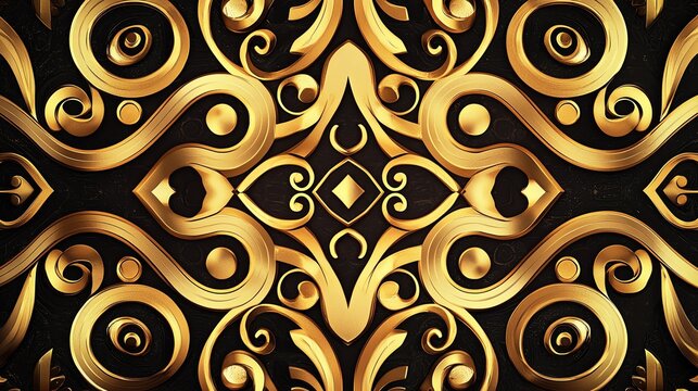 Vintage art deco gift certificate pattern, geometric gold borders on black background, elegant swirls and diamond shapes, seamless luxury design, high contrast metallic details