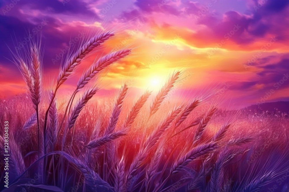 Poster rays of sunlight illuminating fields of wheat during a vibrant sunset in a serene landscape. generat
