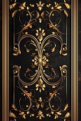 Classic art deco certificate border pattern, gold metallic floral elements, black sophisticated background, repeating luxury motifs