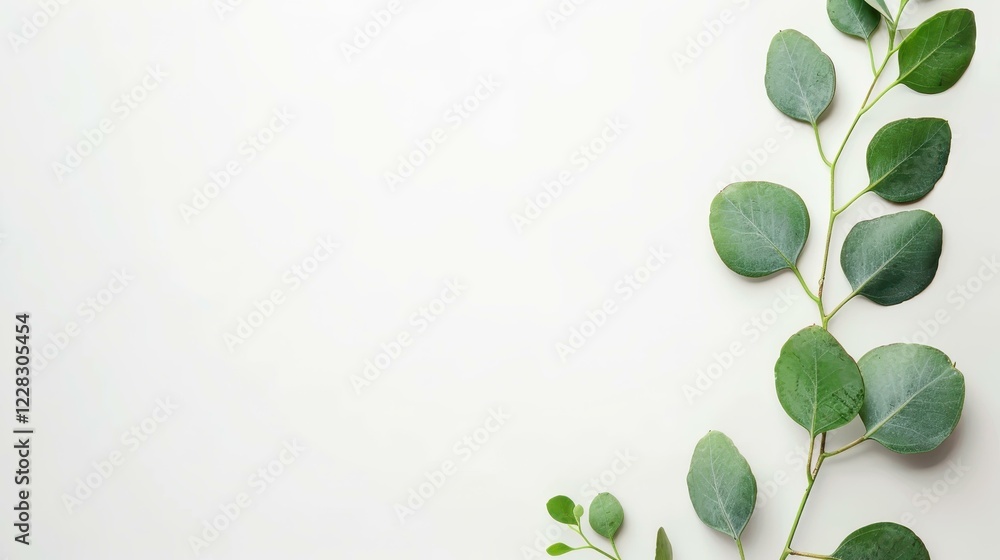 Poster fresh green eucalyptus branches arranged flat on a clean white backdrop, creating a serene and calmi
