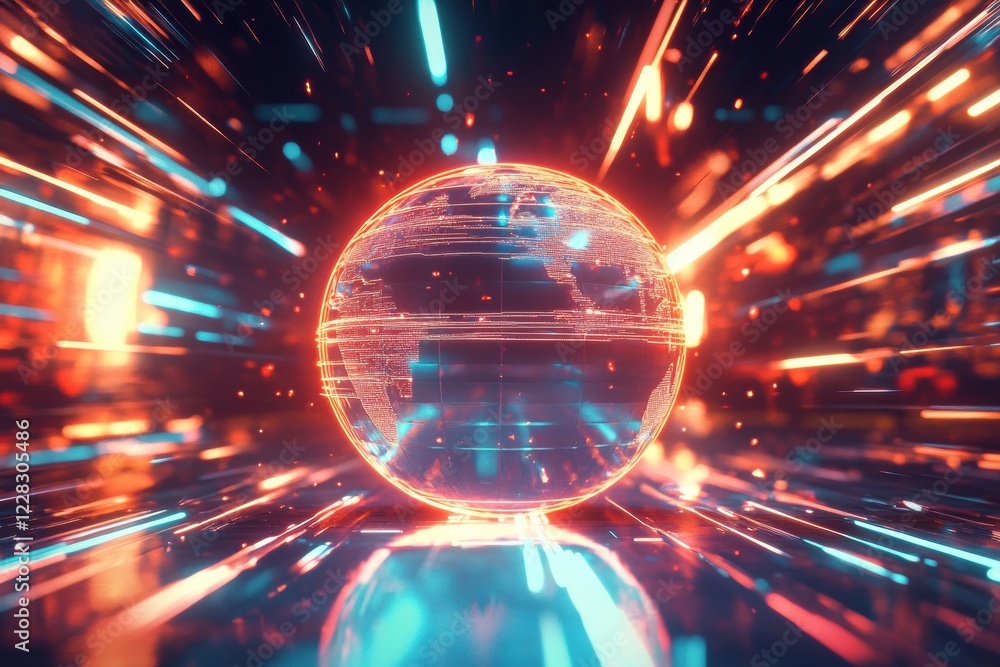 Leinwandbilder Globe spinning with glowing contour lines representing a vibrant digital world with energy and movement. Generative AI