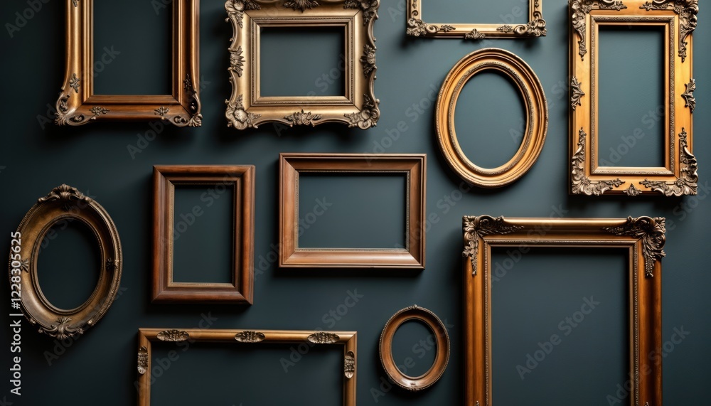 Poster empty picture frames in various shapes, sizes arranged on dark teal wall. ornate gold, brown frames 