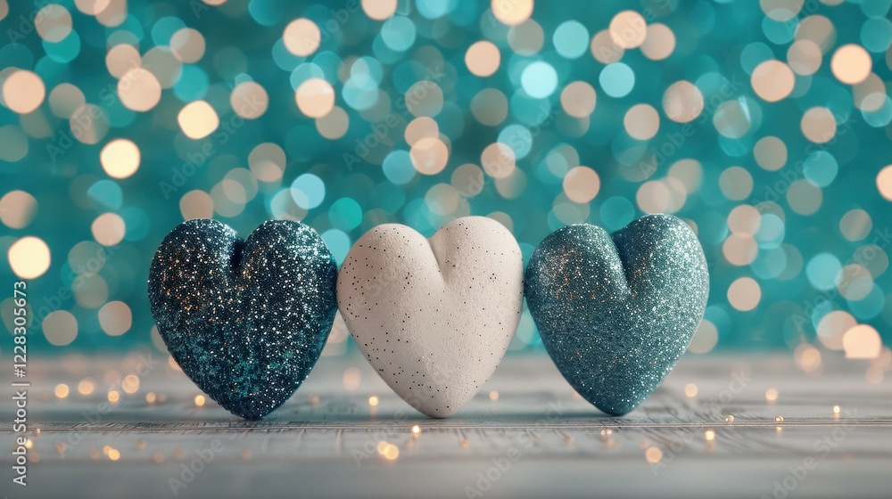 Poster shiny blue and white stone hearts sparkle brightly, creating a mesmerizing display with ample copy s
