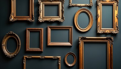 Empty picture frames in various shapes, sizes arranged on dark teal wall. Ornate gold, brown frames create elegant gallery wall backdrop. Suitable for blank image space. Classic style for art, photo