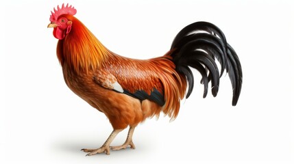 Fototapeta premium A vibrant rooster stands alone against a crisp white background, showcasing its colorful feathers and proud stance.