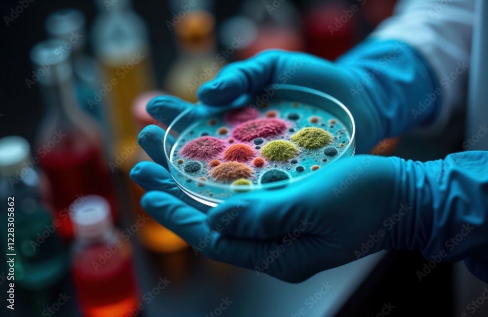 Poster scientist in lab holds petri dish with colorful bacteria culture. microbial growth analysis in lab. 