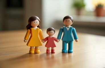 Colorful toy figures represent family. Two parents, child stand together. Figures holding hands. Likely for concept of co-parenting family relationships. Neutral background in home setting. Toys