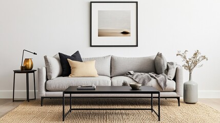 Modern Vertical Frame Mockup: Minimalist Living Room with Gray Sofa, Black Coffee Table, and Navy Blue Accents on White Wall