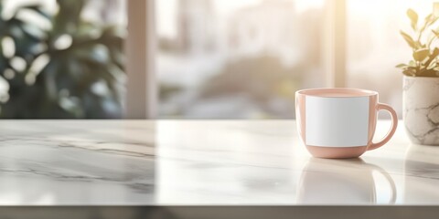 Fototapeta premium Modern Coffee Cup Mock-Up on Marble Countertop with Blank Label – High-End Design and Natural Lighting for Stylish Product Presentation